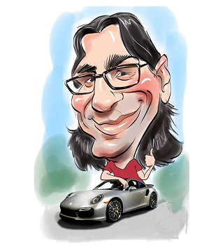Caricature d'un homme avec une Porsche réalisée lors d'un événement